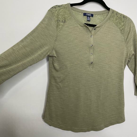 Chaps Henley Long Sleeve Top 1/2 Button Up Lace Shoulder Detail Heather Green M - Picture 3 of 10